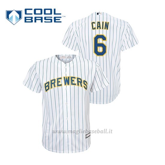 Maglia Baseball Uomo Milwaukee Brewers 6 L Orenzo Cain Cool Base Primera Replica Bianco